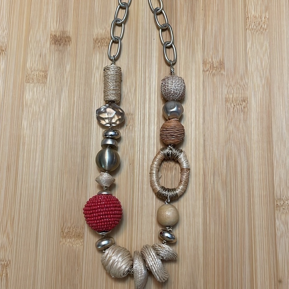 Chico’s Chunky Jute Bead Gold Tone Necklace